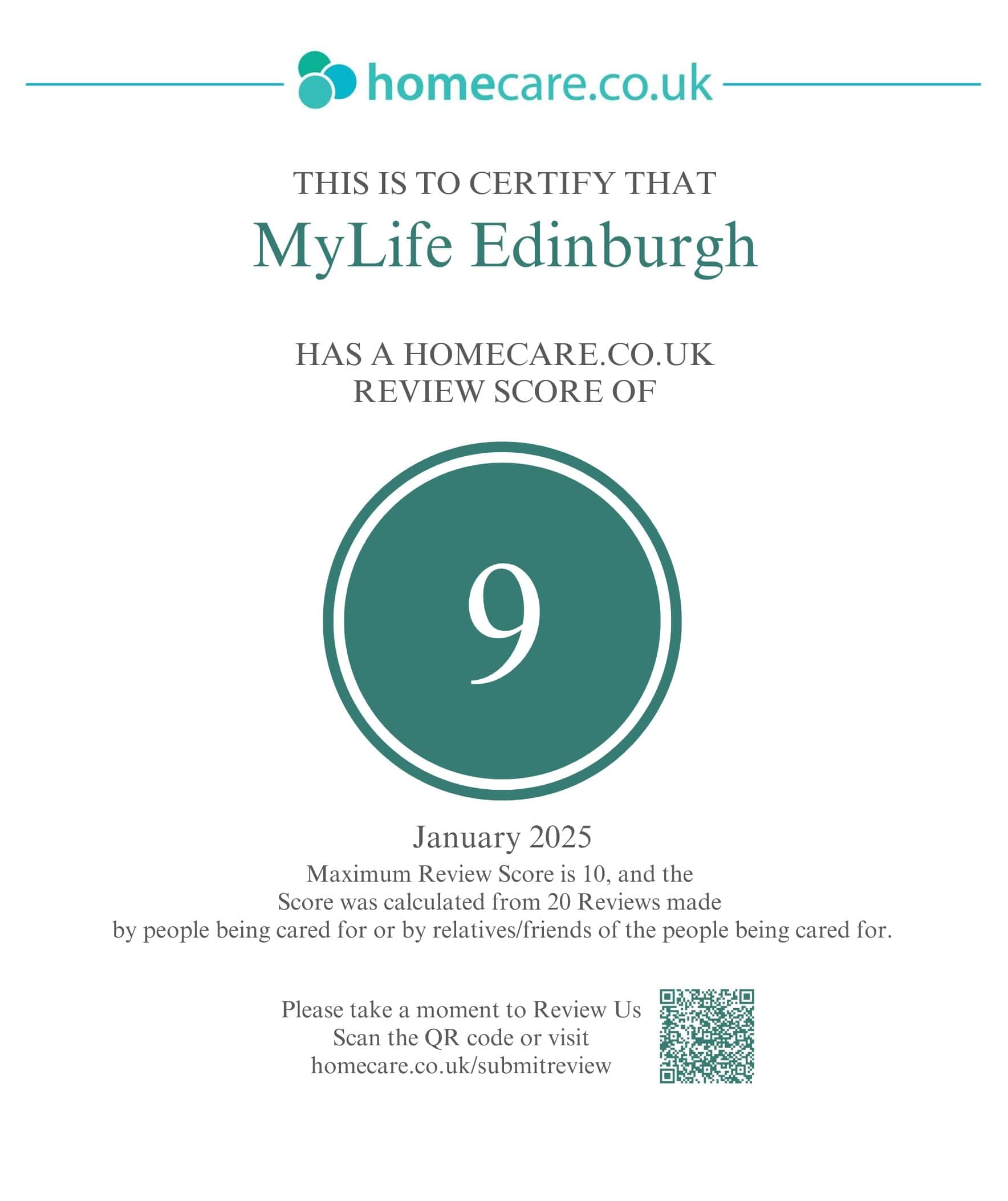 Homecare.co.uk: MyLife Edinburgh's 9/10 Rating